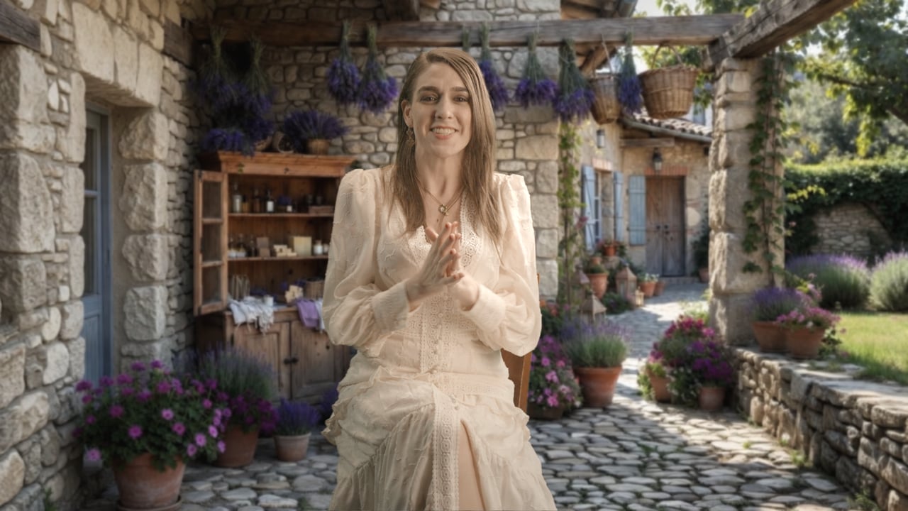 A founder presenting her product on a green screen shot composited into a stone courtyard